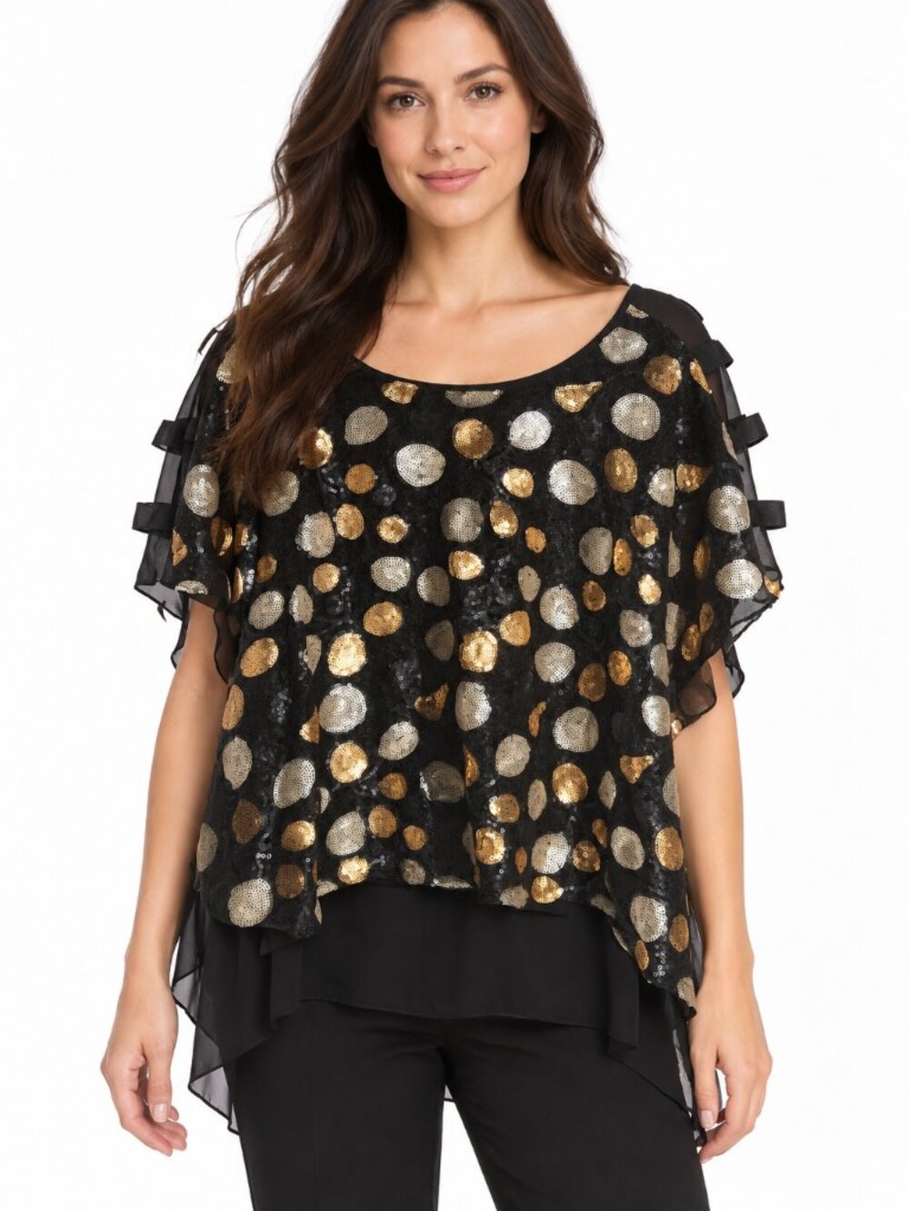 HL Sequin Polka Dot Chiffon Cold Shoulder Top | Size 4